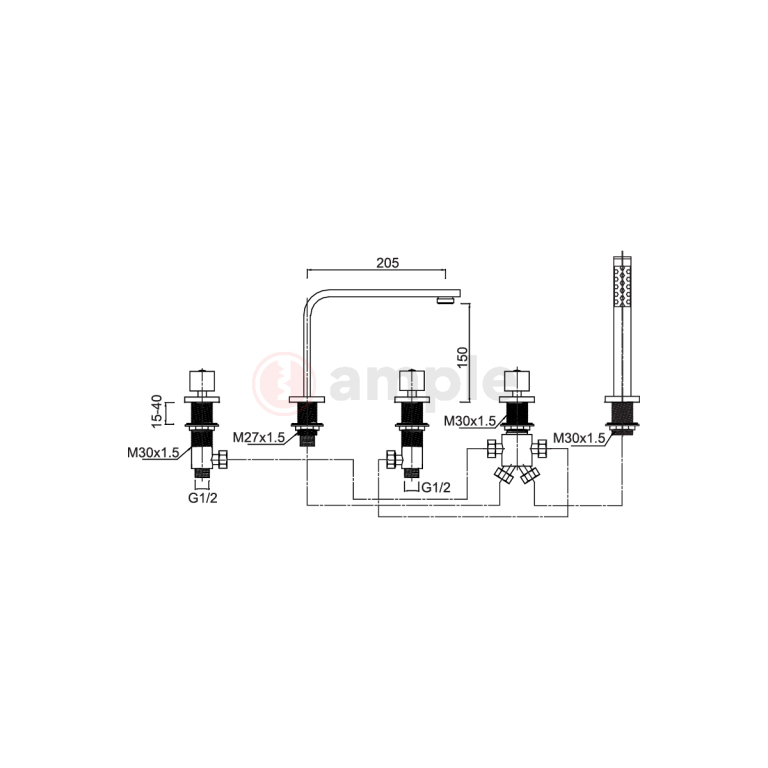 Modena M2703 Chrome 5 Hole Bath Shower Mixer 2 2